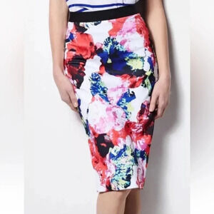Milly Womens Midi Skirt Size XXS Floral Watercolor Abstract Pencil Straight (655